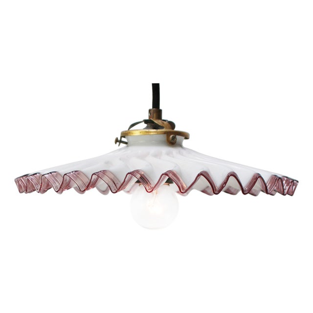 French Brass Pendant Light with Purple Edge Opaline Glass Shade For Sale