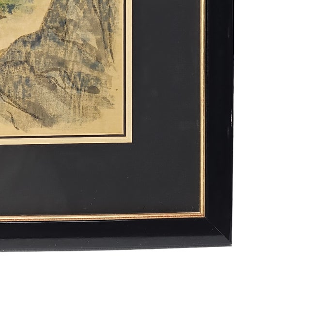 Mid-Century East Asian Landscape on Moiré Silk With Pagoda 24.5" For Sale - Image 9 of 11