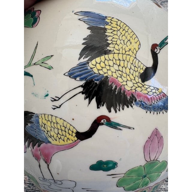 Vintage Chinese Porcelain Jardinière With Cranes & Lotus Motif For Sale - Image 9 of 11