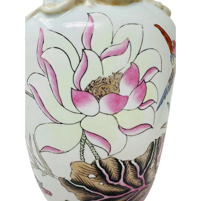 White Vintage Famille Rose Porcelain Vase With Koi Fish, Birds, and Flowers For Sale - Image 8 of 15