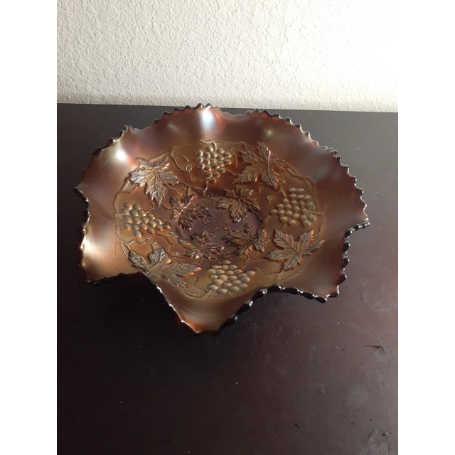 This is a GORGEOUS Vintage Northwood 8" Grape Cable Amethyst Ruffled Carnival Glass Bowl. Procured at auction BOX 36