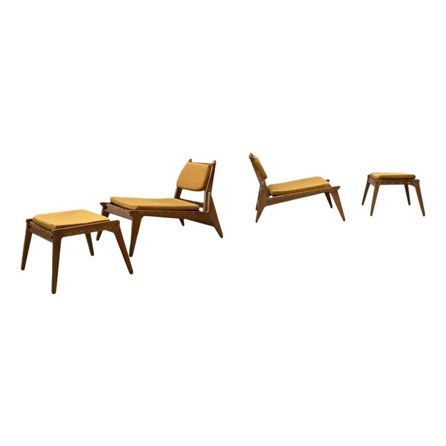 Hunting Lounge Chairs with Ottomans in Oak by Heinz Heger for PGH Annaberg Buchholz, 1960s, Set of 4 For Sale