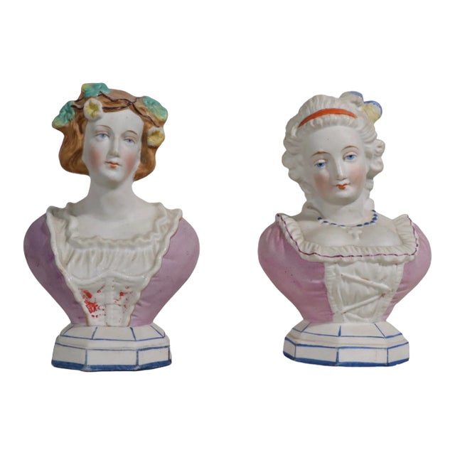 2 German Porcelain Bust Figurines C. 19th C For Sale