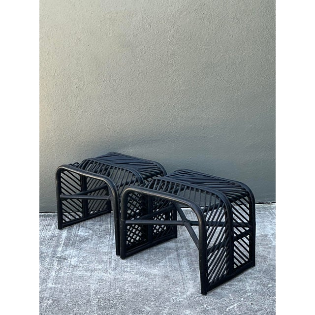 Vintage Stick Rattan Waterfall Low Stools - A Pair For Sale - Image 10 of 12