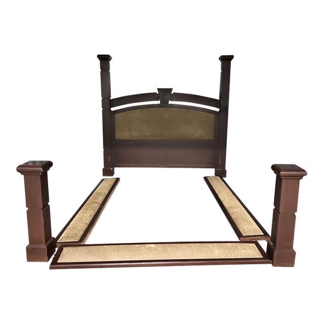 1990s Custom Handcrafted Solid & Heavy Wood & Light Green Chenille King Size Bed-Frame For Sale