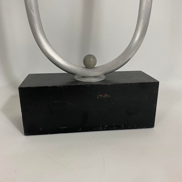 Silver Vintage Modernist Steel Candelabra Holder Pair on an Ebonized Wood Bases For Sale - Image 8 of 13