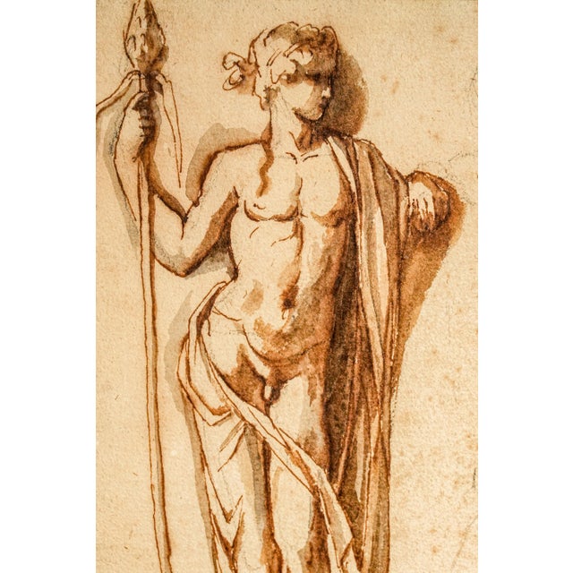 Mixed Medium Antique Framed Neoclassical Drawing Gouache Watercolor Classical Male Female Figures Art Grand Tour Style For Sale - Image 4 of 16