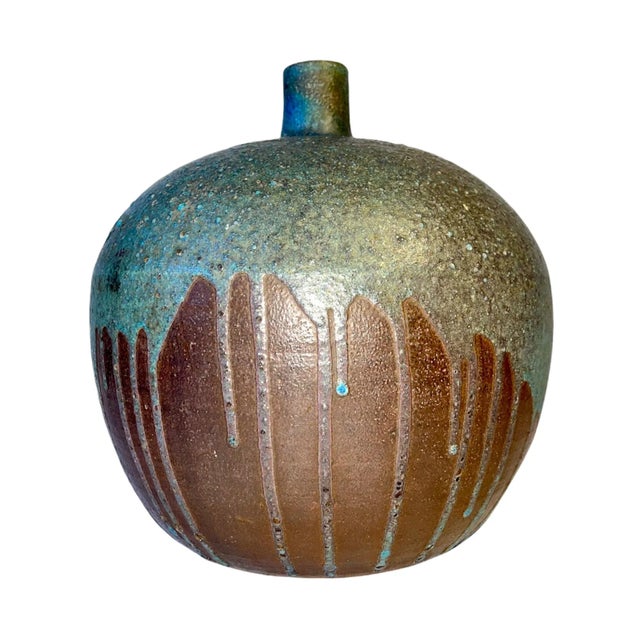 Beautifuly Hand Crafted Mid Century Blue Green Drip Glazed Brown Vintage Vase