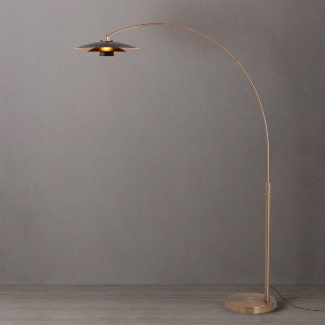 Nova Rancho Mirage Float Arc Lamp - Weathered Brass, Fleur Matte Black/Gold Shade, Mid Century Floor Lamp, Steel Base For Sale - Image 4 of 4