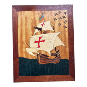 Vintage Hand Made Inlaid Wood Plaque of Spanish Sailing Schooner Santa Maria