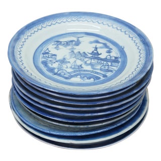 Antique Chinese Export Canton Blue White Pagoda Landscape Bread Plates 7" - 10 pcs For Sale