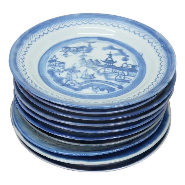Antique Chinese Export Canton Blue White Pagoda Landscape Bread Plates 7" - 10 pcs For Sale
