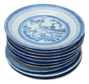 Antique Chinese Export Canton Blue White Pagoda Landscape Bread Plates 7" - 10 pcs