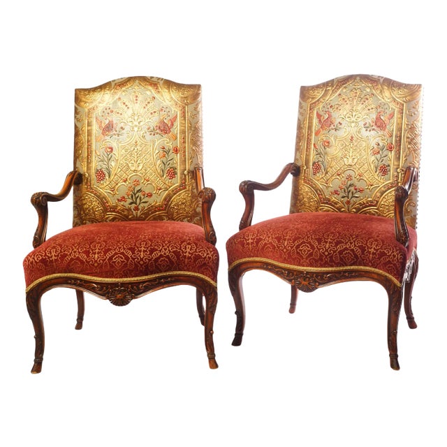 Vintage Italian Walnut Arm Chairs With Embossed Leather - a Pair For Sale