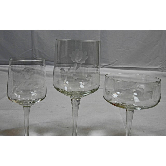 58pcs Crystal Wine Glasses Set- 5 Sizes -1970 Society Crystal -Delicate Flower Etched Design For Sale - Image 10 of 18
