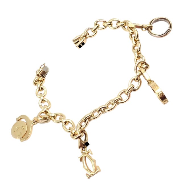 Metal Authentic Cartier Yellow Gold Love Trinity Double C Charm Link Bracelet 1995 For Sale - Image 7 of 13
