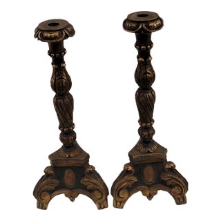 Antique 1880s Baroque Polychrome Cold Painted Italian Candlestick Pair Hand Carved Wood and Gilt For Sale