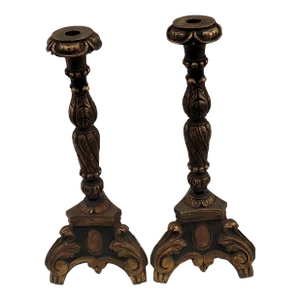 Antique 1880s Baroque Polychrome Cold Painted Italian Candlestick Pair Hand Carved Wood and Gilt