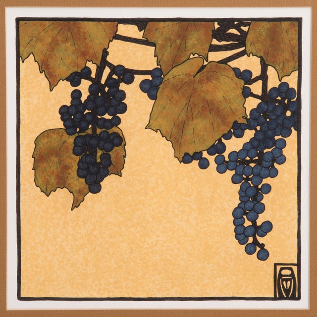 1990s Grape Vine Anita Munman Hannah Overbeck Arts & Crafts Mission Oak Frame Stickley Gouache 1994 Ink For Sale - Image 5 of 7