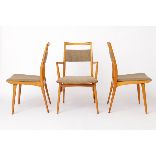Set of 3 Vintage Beechwood Chairs | 2 Side Chairs + 1 Armchair | Likely Germany Production period: 1960s-1970s. A set of...