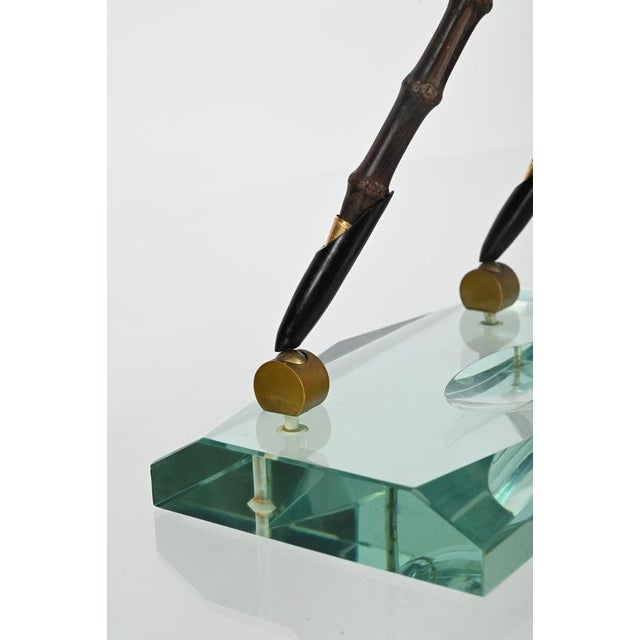 Beveled Nile Green Crystal and Brass Pen Holder attributed to Fontana Arte, Italy, 1950s For Sale - Image 14 of 16