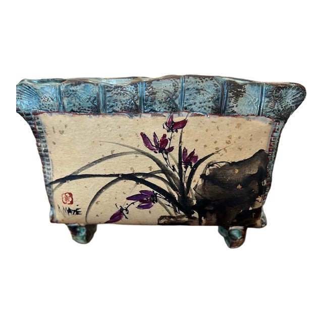 R. Maze Hand-Painted Ceramic Jardinière, “Orchids and Rocks,” 2012 For Sale