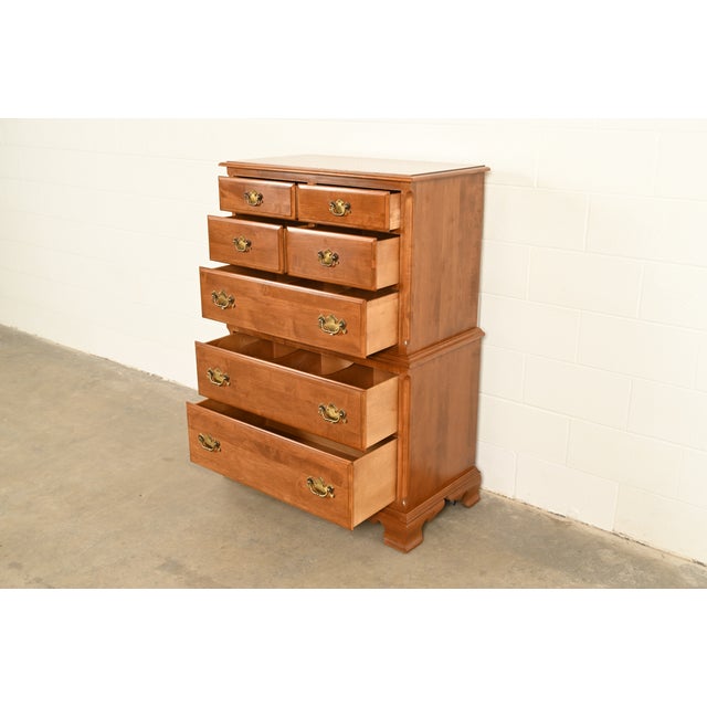 Wood Ethan Allen Early American Solid Maple Chest-on-Chest Seven-Drawer Highboy Dresser For Sale - Image 7 of 17