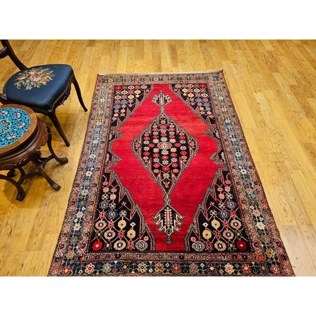 Red Vintage Persian Mazgalan Area Rug, Hand-Knotted Wool, Geometric Pattern, 5x7, Red & Navy For Sale - Image 8 of 18