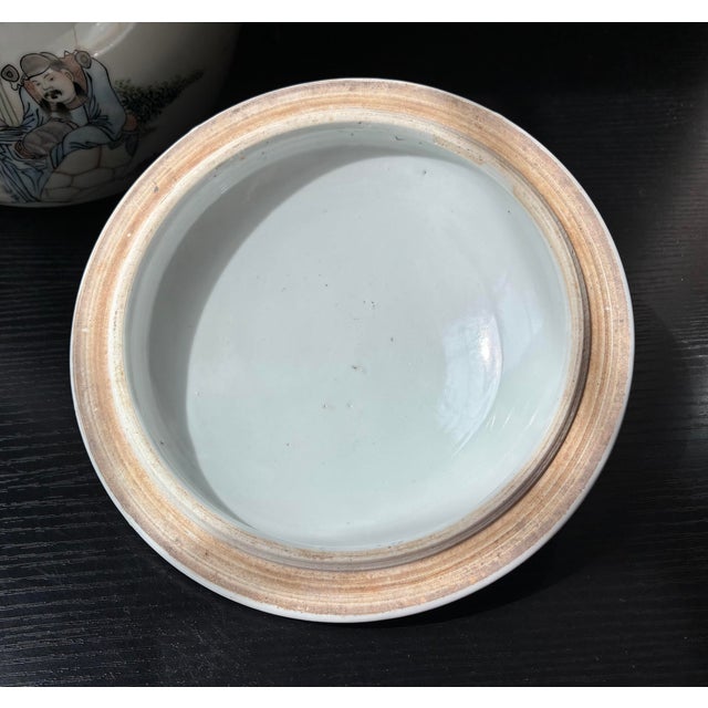 Antique White Early 20th C. Chinese Famille Rose Porcelain Lidded Jar/ Pot With Calligraphy For Sale - Image 8 of 12
