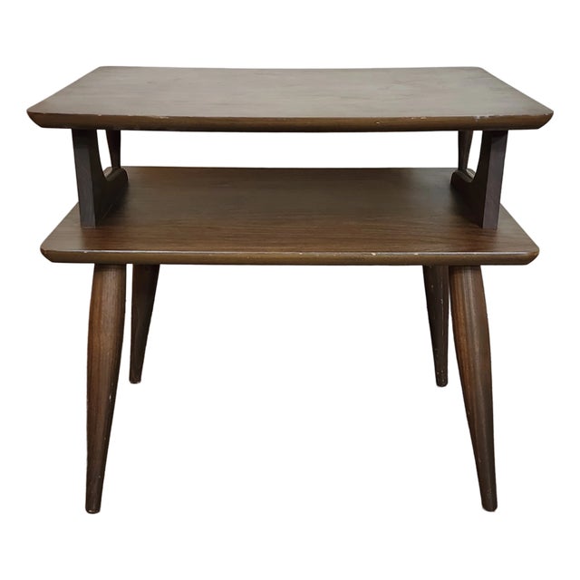 Vintage Mid Century Modern Brown Faux Wood Top 2 Tier End Side Table For Sale