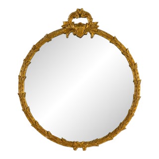 Vintage French Louis XV Style Giltwood Round Wall Mirror With Floral Crest For Sale