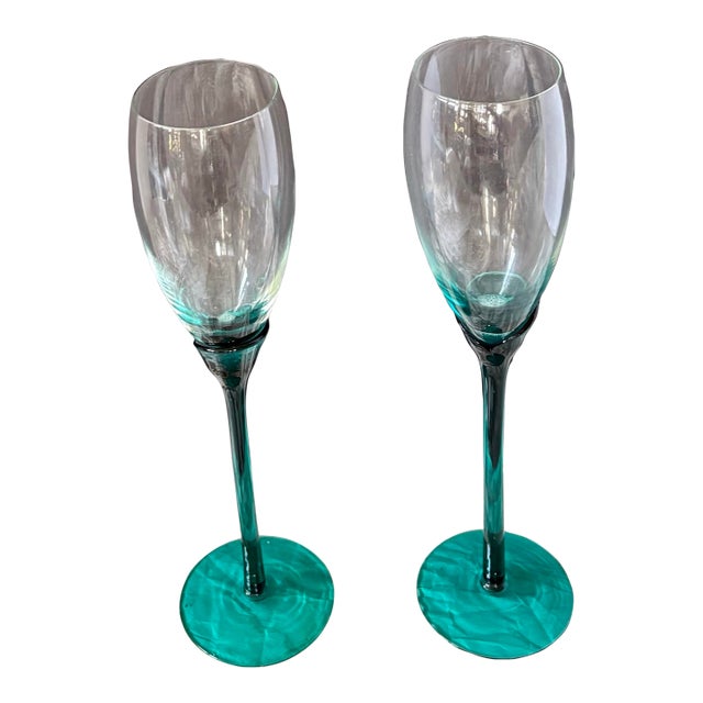 Vintage Libbey Domaine Teal Green Petal Stem Tall Champagne Flutes - Pair 9.75” For Sale