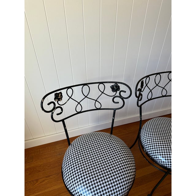 Black Vintage Wrought Iron Dining Chairs With Gingham Seats, Set of 4 For Sale - Image 8 of 12