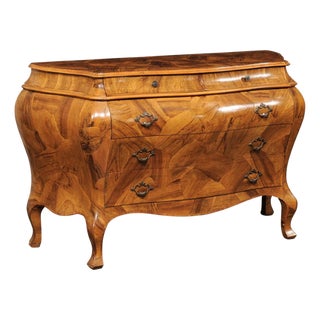 Mid 20th Century Italian Beautifully Veneered Bombé Chest For Sale