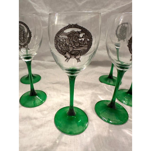 Metal Green Stem Holiday Wine Glasses W/Pewter Santa Detail-Set of 5 For Sale - Image 7 of 7