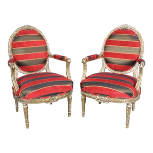 Superb Pair Chippy Antique Giltwood French Carved Louis XVI Armchairs Circa 1920