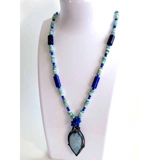 Metal Organic Modern Artisan Larimar, Lapis Lazuli & Herkimer Diamond Sterling Silver Statement Necklace For Sale - Image 7 of 17