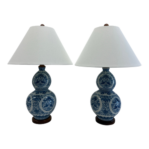 Late 20th Century Pair of Ralph Lauren Home Blue & White Porcelain Double Gourd Table Lamps With White Shades