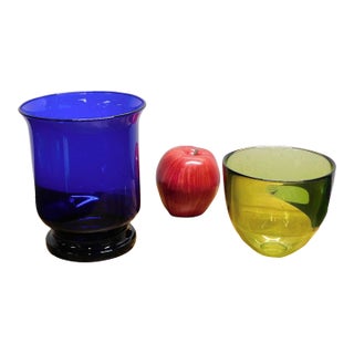 2pc Art Glass Collection: Signed Orrefors Green Bowl & Cobalt Blue Hurricane For Sale