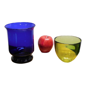 2pc Art Glass Collection: Signed Orrefors Green Bowl & Cobalt Blue Hurricane