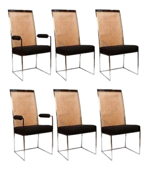 Milo Baughman Chrome & Cane Back Black Velvet Dining Chairs - Set of 6