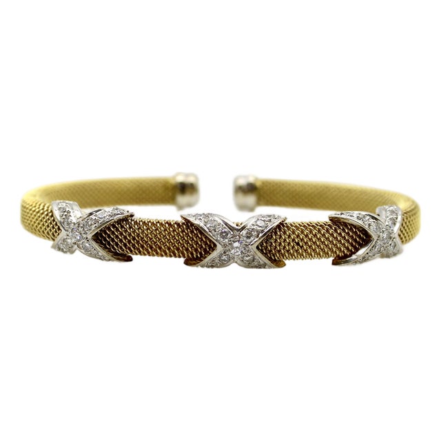 Vintage 14k Gold Woven Cuff Bracelet With Diamond X Details For Sale
