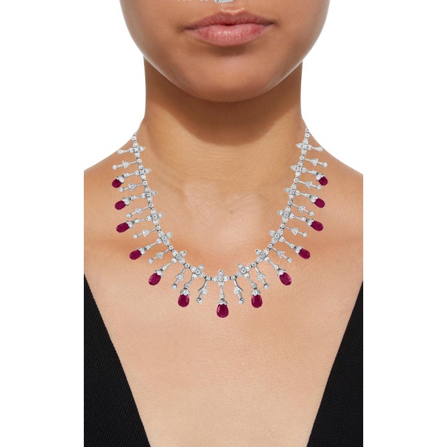 Arts & Crafts 18 Ct Natural Ruby Briolette & 8 Ct Diamond Necklace 18 Karat White Gold, Estate For Sale - Image 3 of 18
