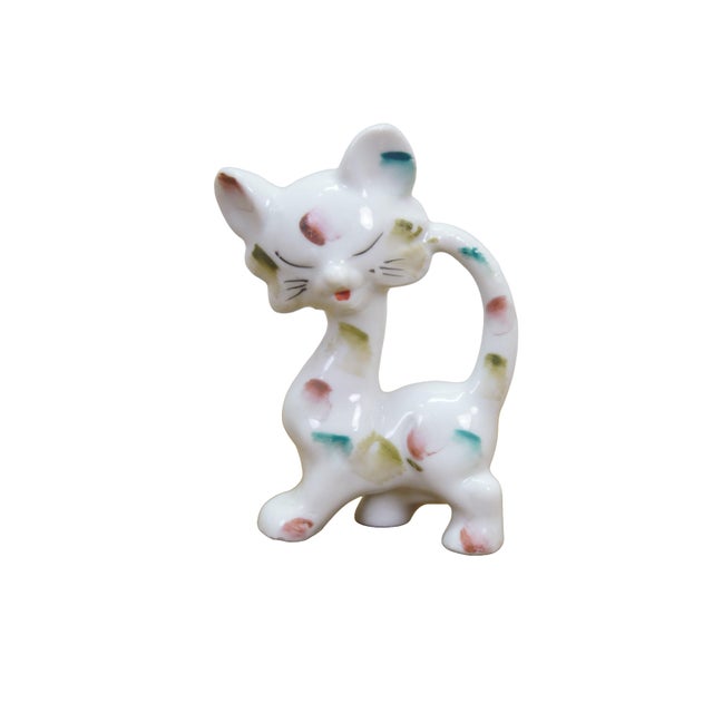 Mid-Century Modern Mid Century Japan Porcelain Long Neck Cat Figurines Calico Splatter Pair 1950s For Sale - Image 3 of 11