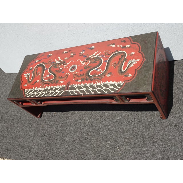 Vintage Chinese Asian Red Dragon Motif Bench ~ Coffee Table For Sale - Image 11 of 15
