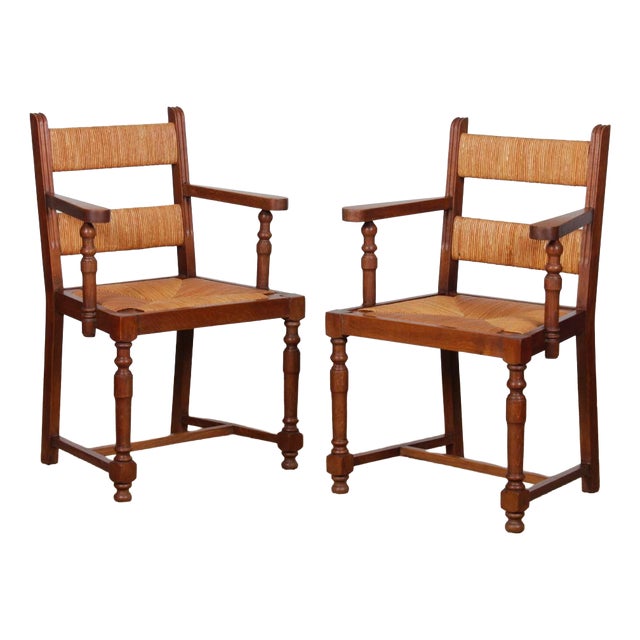 Oak Straw-Seated Armchairs, 1950s, Set of 2 For Sale