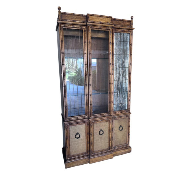 Vintage Coastal Faux Bamboo China Display Curio Cabinet Rattan Wood Glass For Sale - Image 16 of 17