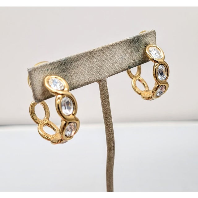 Napier Vintage Signed Napier Goldtone Oval Clear Rhinestone Hoop Pierced Earrings-2 Pieces For Sale - Image 4 of 6