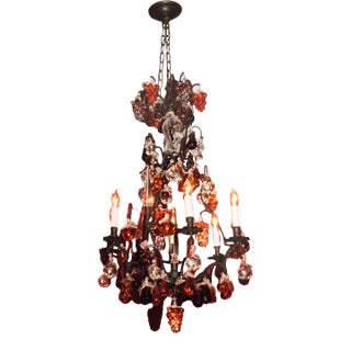 Mid 20th Century Chandelier: Louis XV-style Wrought Iron and Colored Glass For Sale