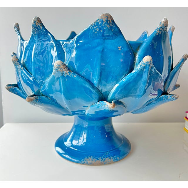 Italian Majolica Artichoke Pedestal Bowl, Mediterranean Blue For Sale - Image 4 of 6